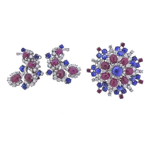 Petochi Roma Platinum Gold Diamond Ruby Sapphire Brooch Earrings Set 