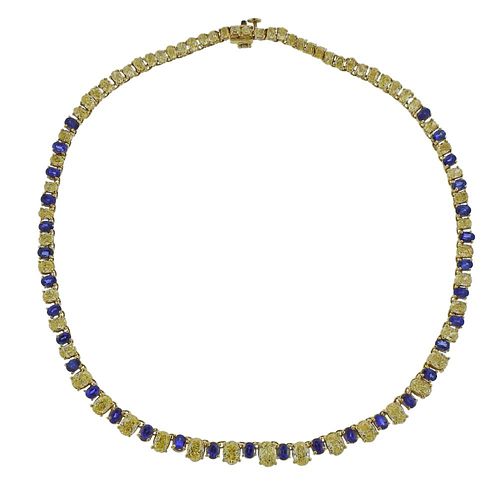 GIA Natural Intense Fancy Yellow Diamond Sapphire Gold Necklace