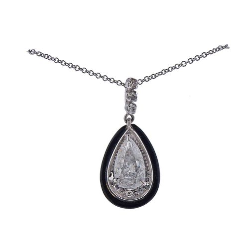 14k Gold 1.50ct Pear Diamond Onyx Pendant Necklace 
