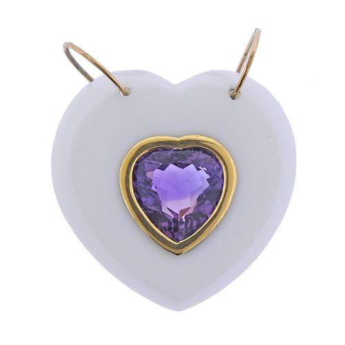 14k Gold White Onyx Amethyst Heart Slide Large Pendant 