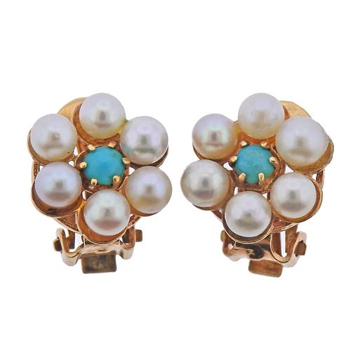Antique 14k Gold Pearl Turquoise Flower Earrings 