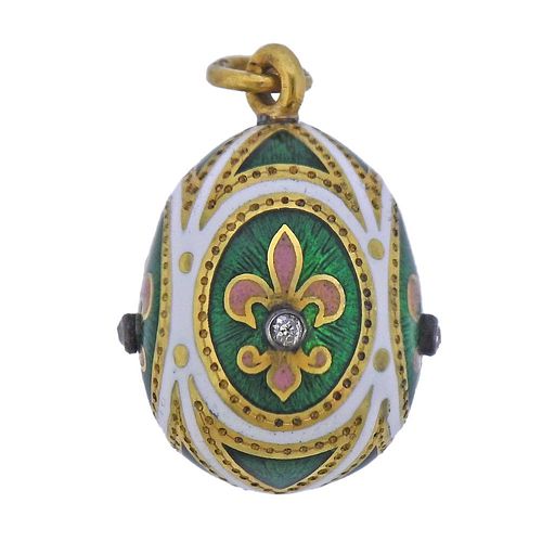 Faberge Mikhael Perchin Antique 18k Gold Guilloche Enamel Diamond Egg Pendant