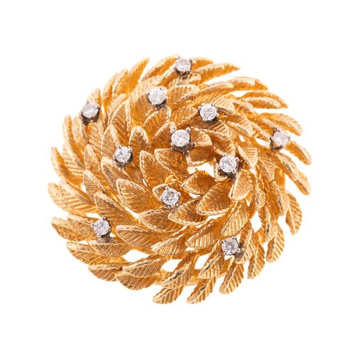 A 14K Domed Leaf Brooch with Diamonds