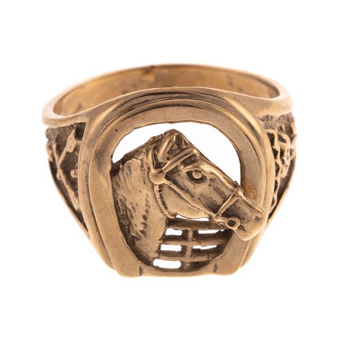 A Gold Equestrian Ring with Horse & Horseshoe
