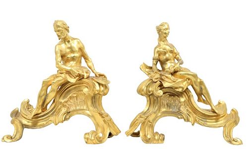19th C Pair of French Gilt Bronze Chenets