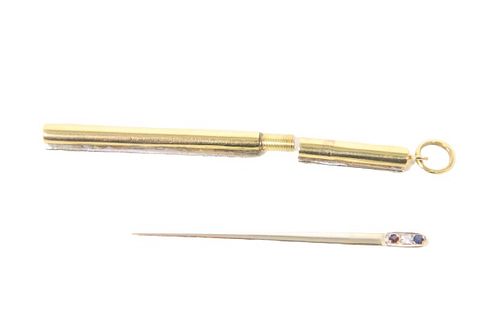 14K Gold and Diamond Tooth Pick and Case 4.9 dwt.