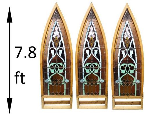 (3) Early Palace-Size Gothic Stained Glass Panels