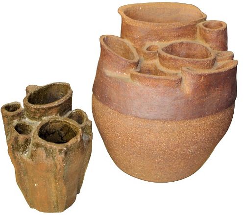 (2) Hand-made Ceramic Jars w. Multiple Openings