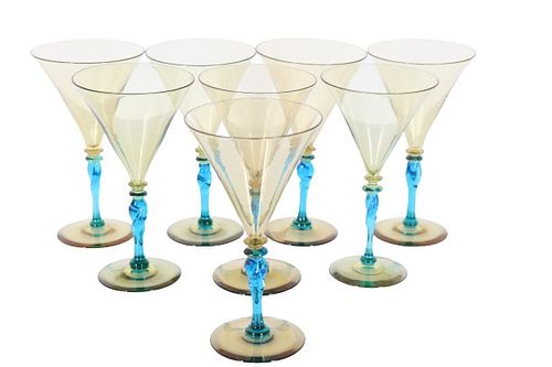 Set of (8) Steuben Amber & Celeste Blue Goblets