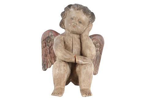 Hand-Carved Seated Cherub Figure