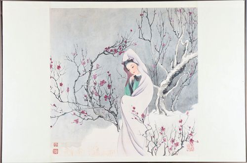 Woodblock of Asian Maiden Among Cherry Blossoms