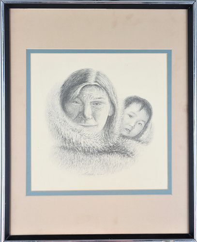 Portrait of Inuit Woman w Child, Signed Litho