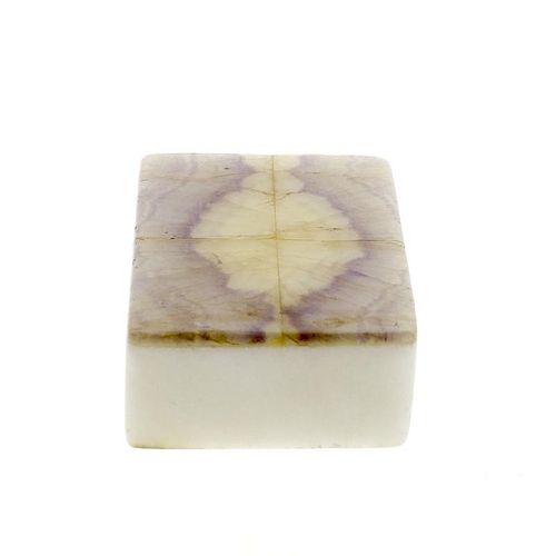 A Blue John and white marble paperweight. The rectangular body quarter-veneered to the upper face wi