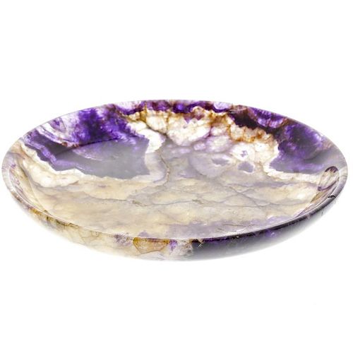 A Blue John saucer dishNew Cavern Vein Of circular form with attractive dark amethyst patches, 154mm
