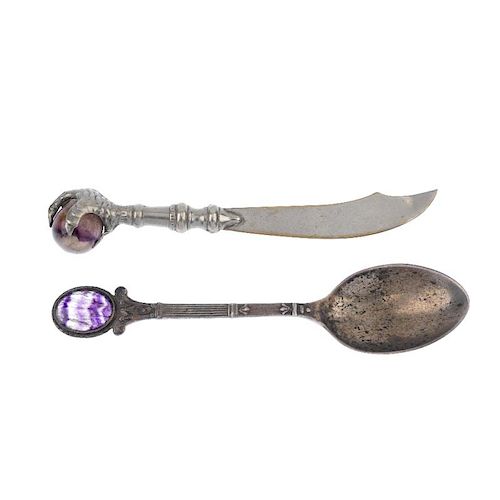 A Blue John souvenir teaspoon and letter opener. The former silver, with oval panel to terminal, the