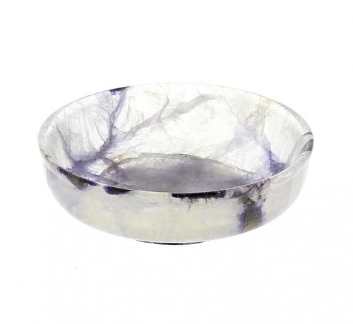 A Blue John bowl Of footed squat circular form, with intermittent dark rim patches and violet veinin