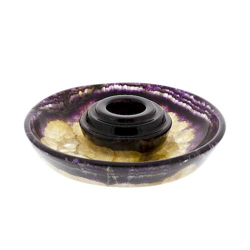 A Blue John candlestick.Winnats One Vein The dished circular base with good parallel violet banding,