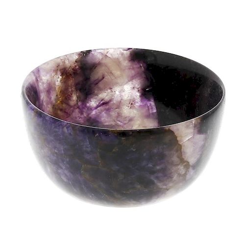 A Blue John bowl Of hemispherical form with patches of dark violet, amethyst and lilac hues, 61mm di