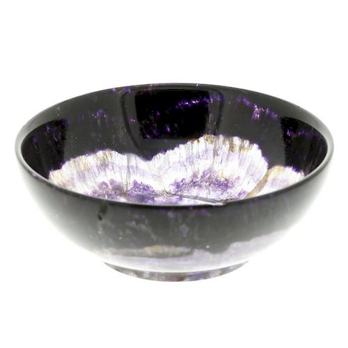 A Blue John bowl Of footed hemispherical form, with lilac concentric veining akin to tree rings with