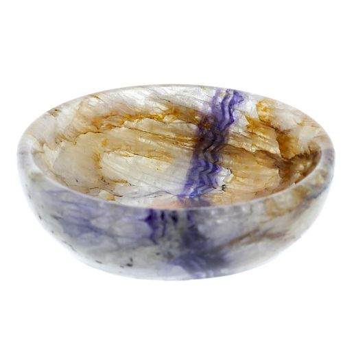 A small Blue John shallow bowl or dish With band of parallel veining on a 'vaseline' ground, 58mm di