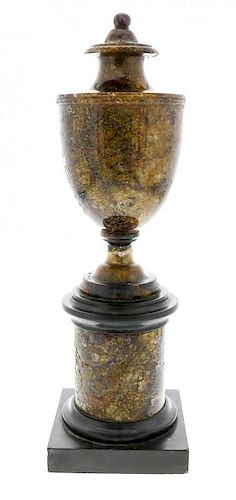 A Blue John pedestal urn 19th century Of neoclassical shouldered ovoid form, the ball knop over spre
