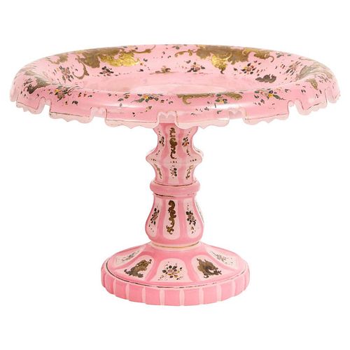 Exceptional Quality Pink Triple Overlay Enameled Bohemian Glass Cake Stand