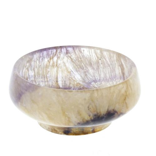 A Blue John bowl Of shallow circular form with bulging sides, the 'cracked ice' ground with dark ame