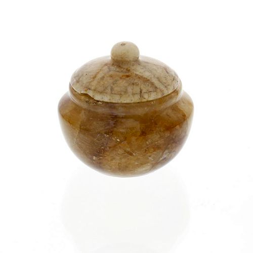 A Derbyshire Fluorspar pot and cover The domed cover with bun finial, the squat ovoid body bisected