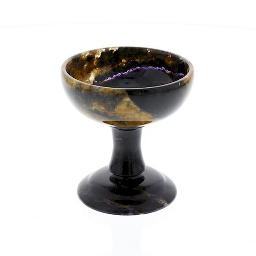 A Blue John pedestal cup The hemispherical bowl on a waisted stem and stepped domed foot, 68mm rim d