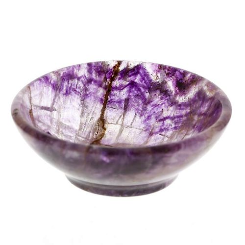 A small Blue John shallow bowl or dish Of squat circular form, the mottled ground shading from clear