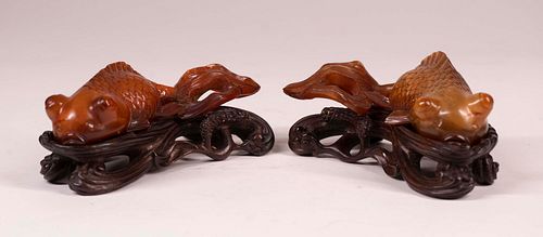 Pair of Chinese Carved Horn Fish