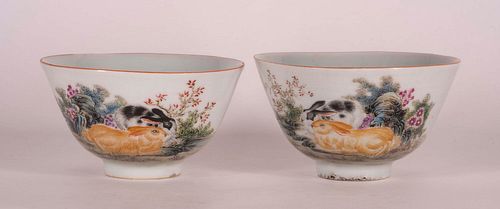 Pair of Enamel 'Rabbits' Tang Zhi Tea Bowls