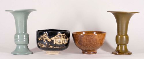 Two Chinese Gu Vessels and Two Bowls