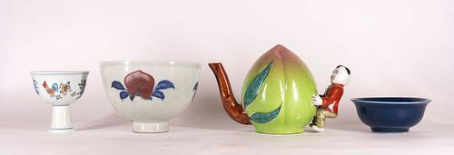 Two Chinese Bowls, Cadogan Teapot and a Stem Cup