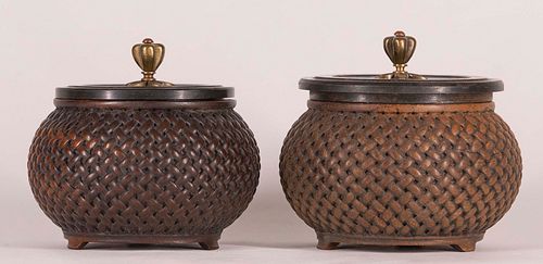 Pair of Carved Basket Weave Style Containers