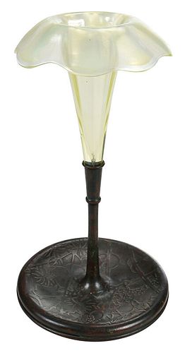 Tiffany Favrile Trumpet Vase with Bronze Base