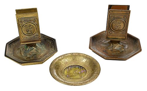 Two Tiffany Bronze "Bookmark" Match Stands, Ashtray