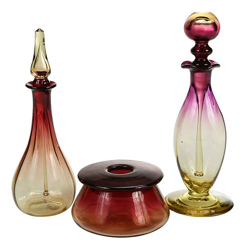 Three Libbey Amberina Glass Dresser Items
