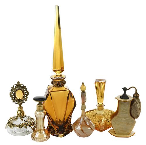 Six Amber Glass Atomizer and Perfume Bottles