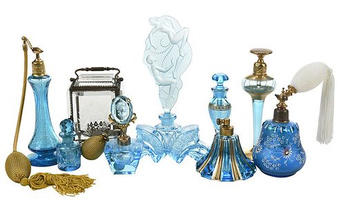 Eight Turquoise Perfume and Atomizers Bottles