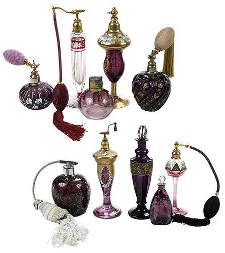 Ten Purple and Pink Glass Bottles and Atomizers