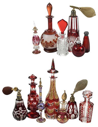 13 Assorted Red and Pink Glass Perfume Bottles