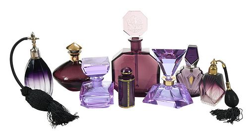 Eight Amethyst Glass Perfume and Cologne Bottles