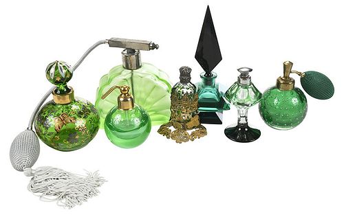 Seven Green Glass Perfume Bottles