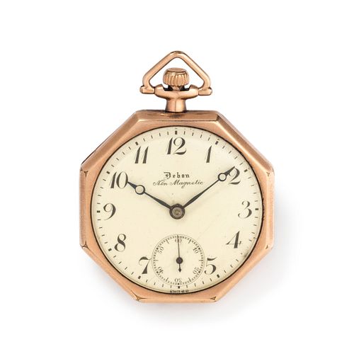 DEBON WATCH CO., GOLD-FILLED OPEN FACE POCKET WATCH WITH FOB CHAIN