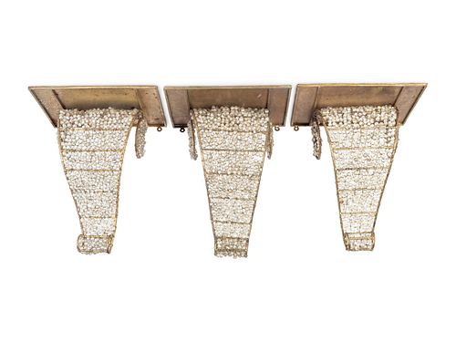 Three Neoclassical Style Gilt-Metal and Beaded Glass Brackets
Height 14 1/2 x width 12 x depth 8 inches.