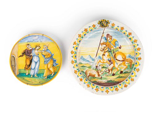 Two Italian Maiolica Chargers
Diameters 12 1/2 and 18 inches.