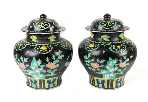 A Pair of Large Chinese Fahua Pottery Covered Jars
Height 21 x diameter 17 inches.