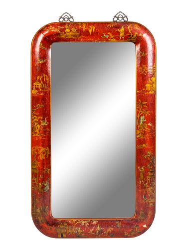 A Chinese Gilt-Decorated Red Lacquer Mirror
Hegiht 42 1/2 x width 24 inches.
