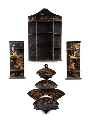 Four Japanese Lacquer Wall Brackets
Pair: 21 1/2 x 8 1/4 inches; Fan-shaped: 29 x 22 inches; last: 29 x 20 inches.